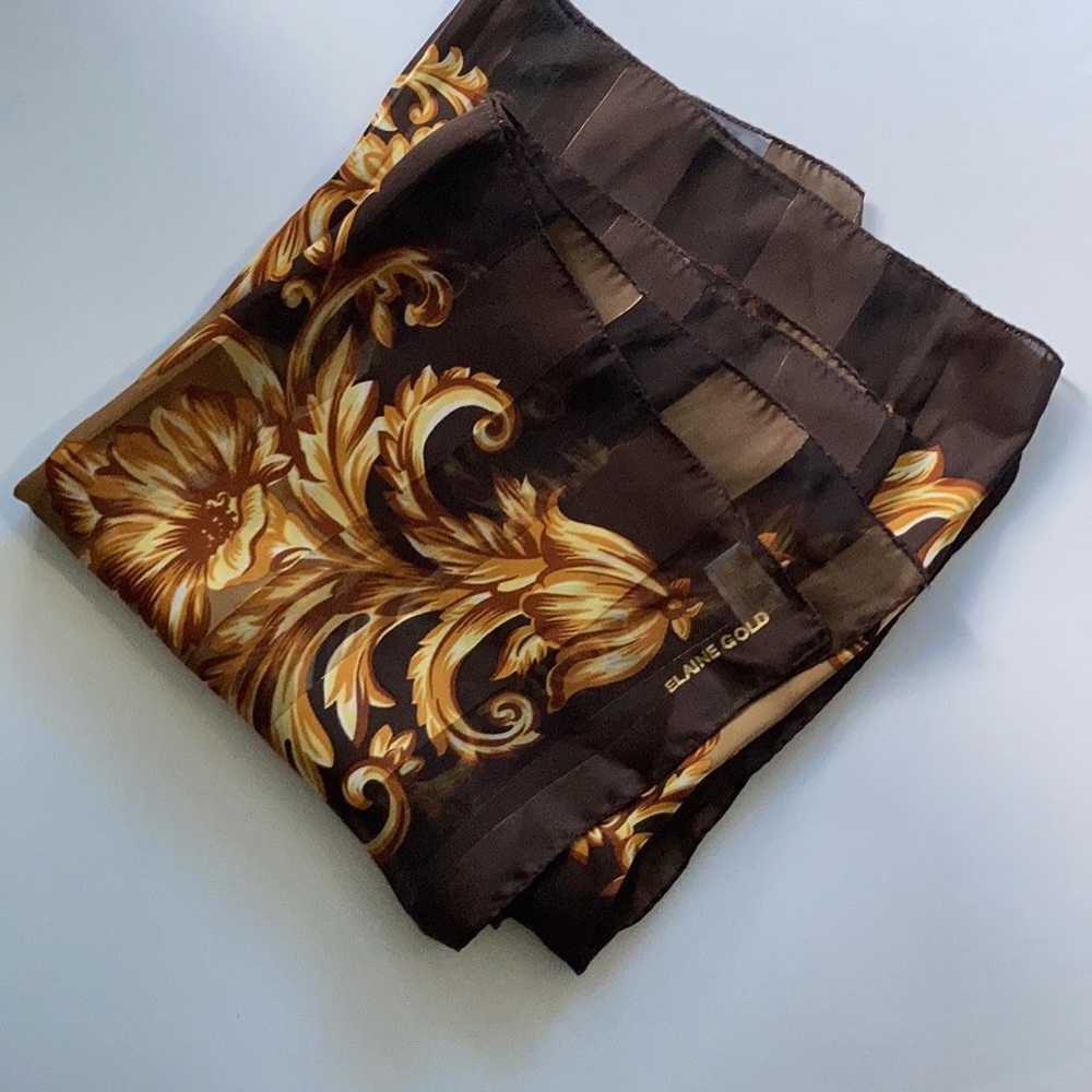 Elaine Gold, SilkScarf,hand rolled stitching 35”x35”sheer strips vintage design